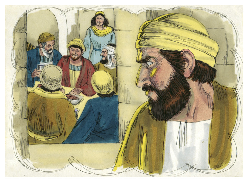 Scowling man looking into a room with happy people around a table