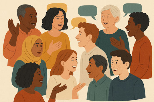 Drawing of diverse people talking and talking