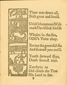 Page of the New England Primer featuring the letter Z for Zacchaeus