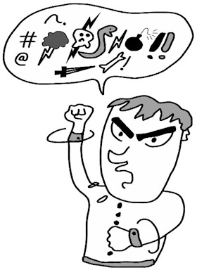 male figure waving arm and shouting profanities