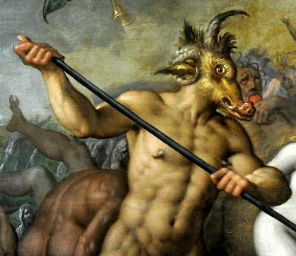 Devil depicted with a human body and a head with horns of a ram, goat's fur and ears, nose and canines of a pig, and mouth of a dog.