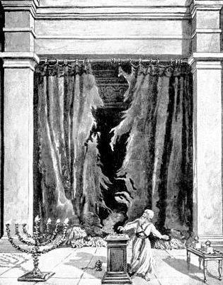 etching of temple curtain torn in half from top to bottom