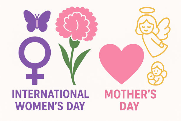 Collage of symbols used for Mother's Day and International Women's Day