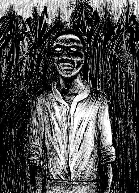 Zimbi=like figure in black and white