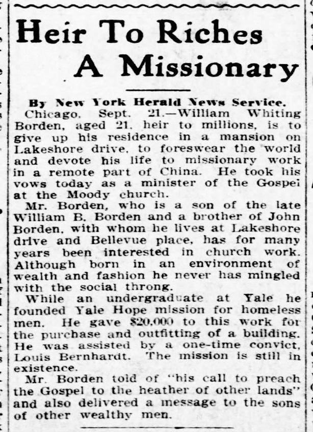 Pittsburgh front-page newspaper story of Bill Borden giving up wealth to go to China