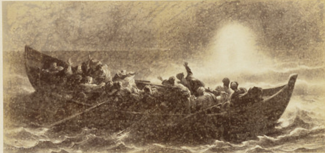 Disciples in a boat on stormy water with lighted figure walking toward them on the water