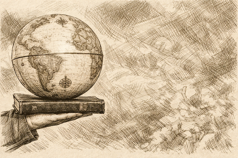 Outstretched hand holding a Bible on which a world globe sits