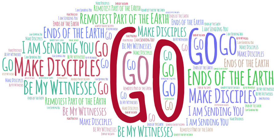 Cloud of words from various versions of Jesus' Great Commission, such a go, ends of the earth, make disciples, I am sending you, remotest part of the earth, and be my witnesses