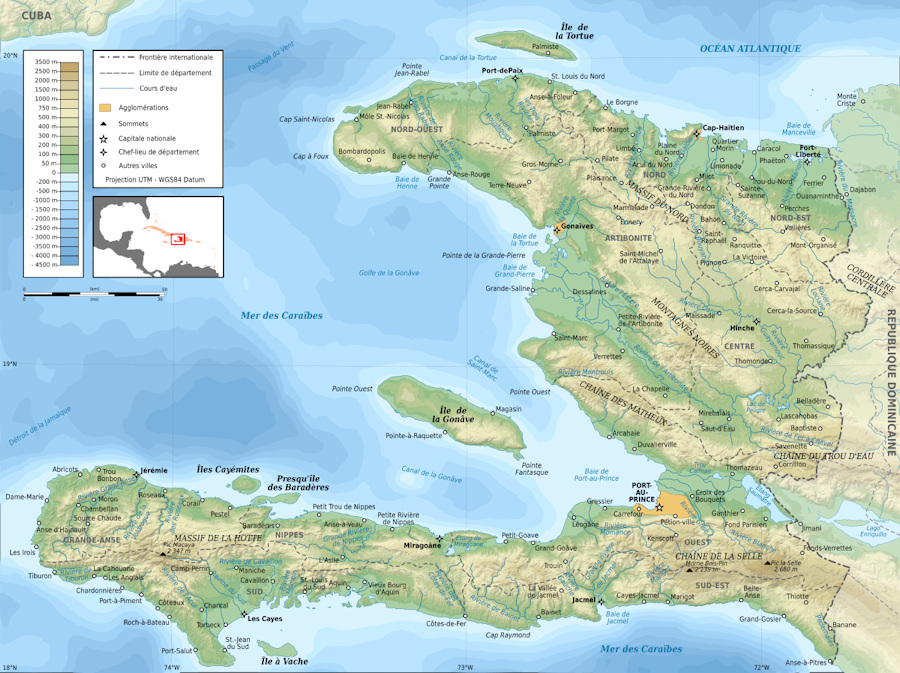 Topographical map of Haiti showing elevations, rivers, cities and towns