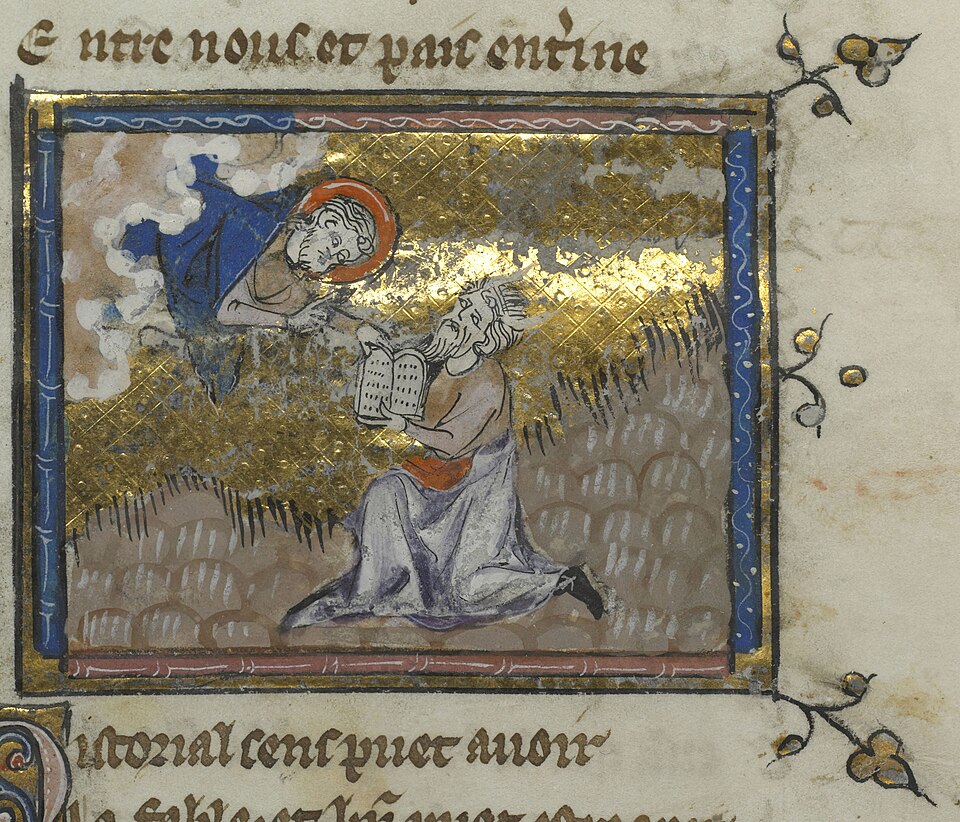 God reaching down from the sky to hand the Ten Commandments tablets to Moses, who is kneeling