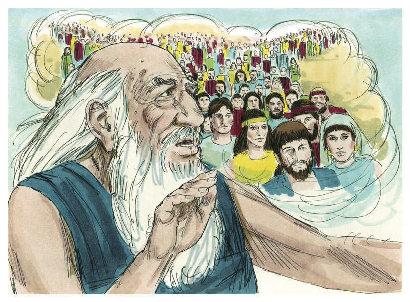 Moses leading the Israelites, walking ahead of a large crowd