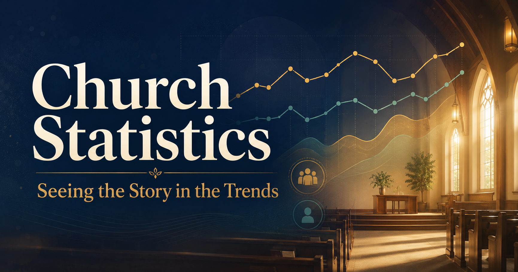 Up-and-down lines on a graph overlaying the interior of a church sanctuary