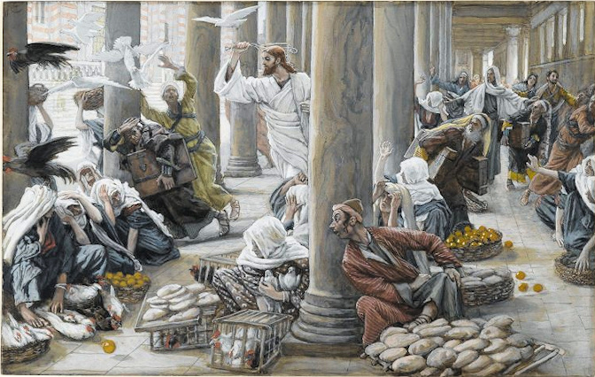 Jesus using a whip to chase merchants out of the courtyard of the Gentiles of the Jerusalem Temple
