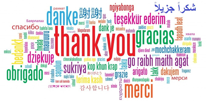 Word cloud of words saying 'thank you' in many languages
