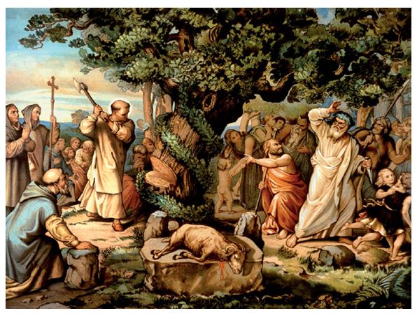 Saint Boniface cutting down the Donar Oak with an ax as people watch