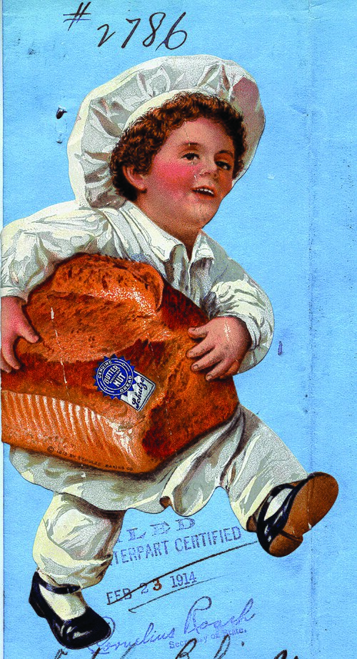 Drawing of a small boy dressed as a baker carrying a large loaf of bread