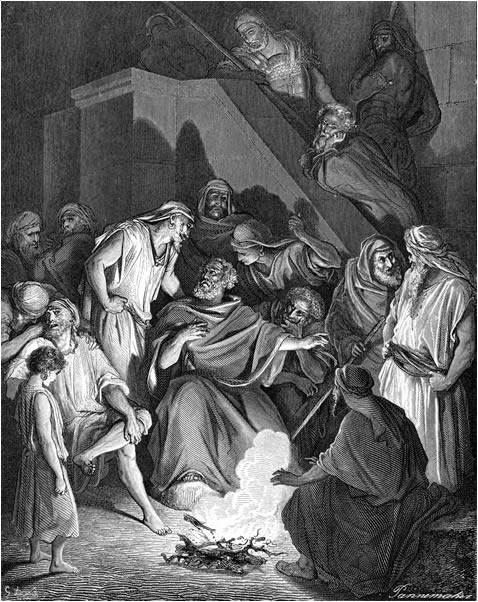 Peter warming himself at a fire while denying that he knows Jesus.