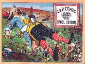 Drawing of Gulliver tied to the ground by the diminutive inhabitants of Lilliput