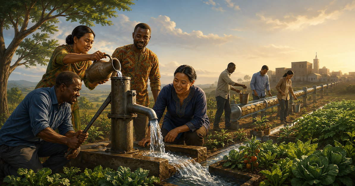 Christians from different cultures working together to provide water for a community garden