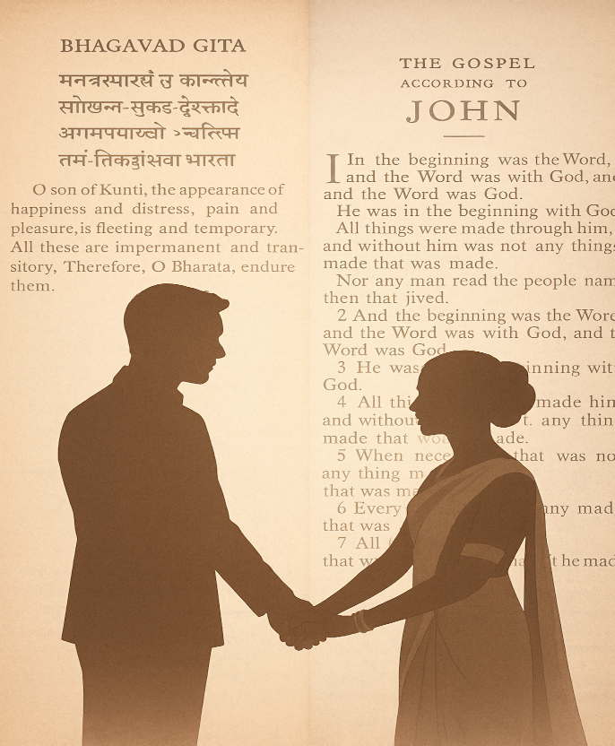 A couple holding hands against a background of one parge from the Bible and one page from one of the Hindu holy books