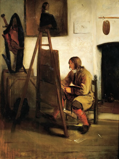 Young painter seated in front of an easel while creating something on a large canvas