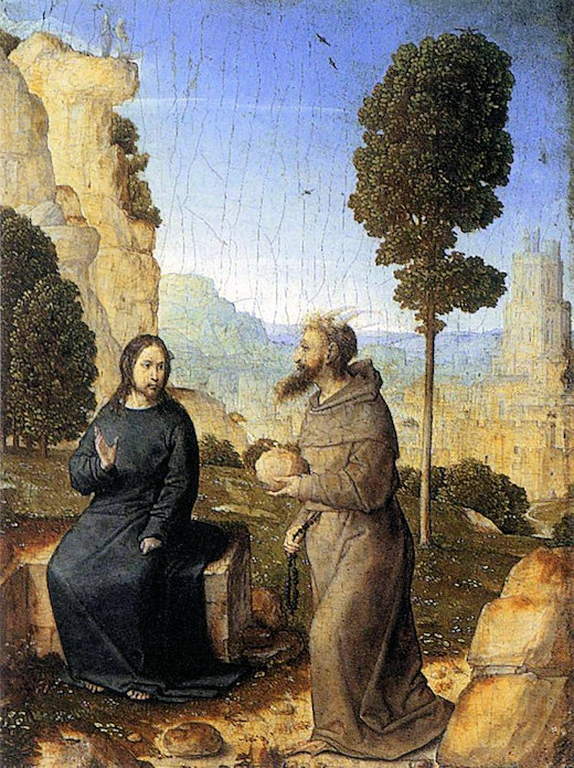 Horned figure trying to tempt Jesus seated outdoors on a stone bench in a mountainous area