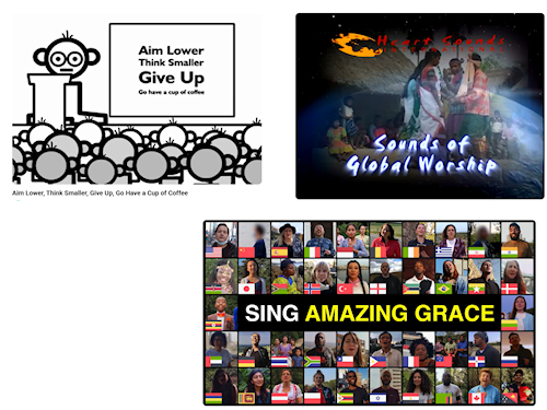Opening image from three of the videos embedded on the pages of this site: a global choir singing, an animated cartoon about the Great Commission and global Christian worship sounds